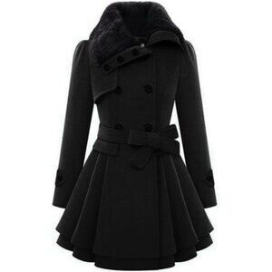 Women's Fashion Faux Fur Lapel Double-Breasted Thick Wool Trench Coat Winter